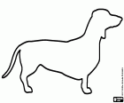 Un disegno con la caratteristica silhouette allungata di un cane della razza bassotto o teckel, popolarmente noto come cane salsiccia