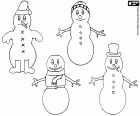 Disegno di quattro diversi pupazzi di neve per la colorazione. Ogni pupazzo di neve è decorato con accessori diversi