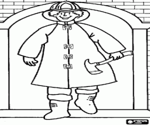 Colora Vigile del fuoco con l'ascia e un edificio